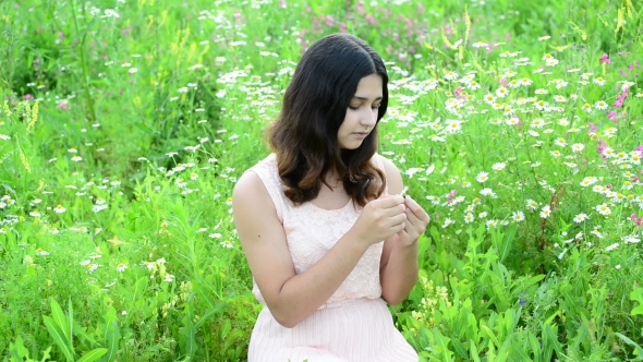 Young Girl Guesses On Camomile In a Meadow