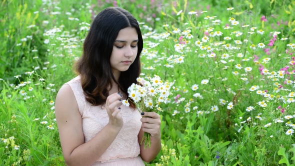 Beautiful Girl With Bouquet Of Daisies In a Meadow