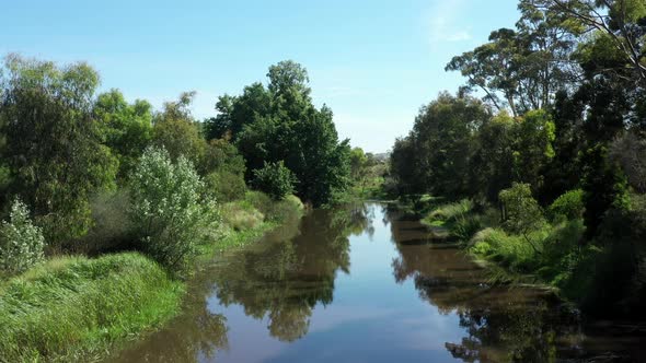 AERIAL Over Calm Reflective Australian River Bathed In Sunshine