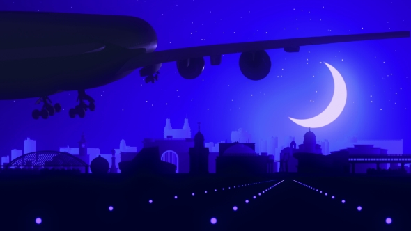 Novosibirsk Russia Airplane Landing Skyline Moonlight Night 