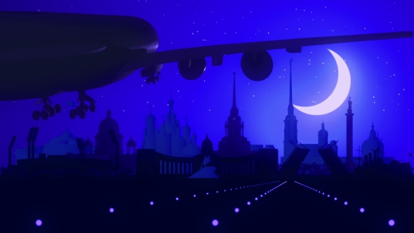 Saint Petersburg Russia Airplane Landing Skyline Moonlight Night 