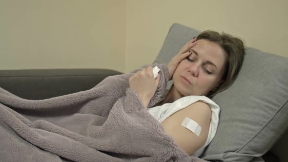 Young Woman Lies on the Sofa Wrapped in a Plaid