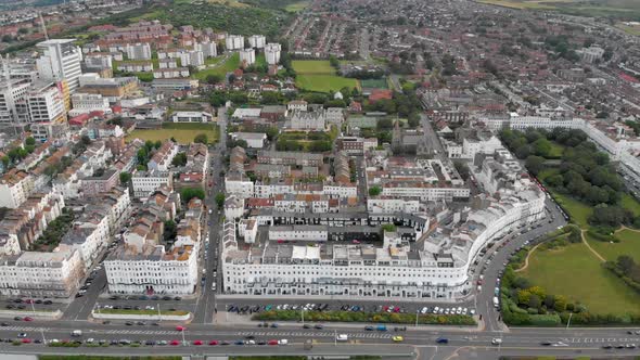 Aerial footage of the Brighton and Hove town centre showing hotels, guest houses in the UK