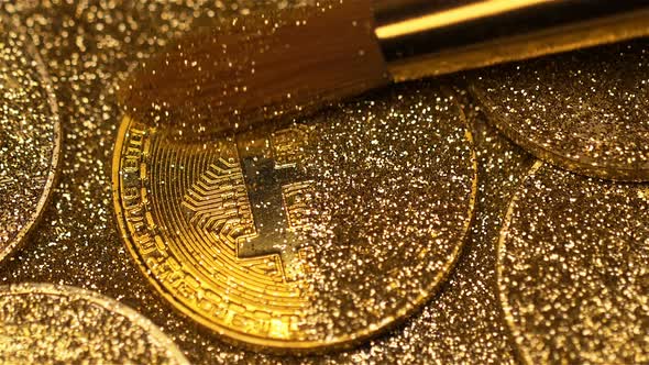 Macro Fur Brush Clears Bitcoin Covered with Golden Sand