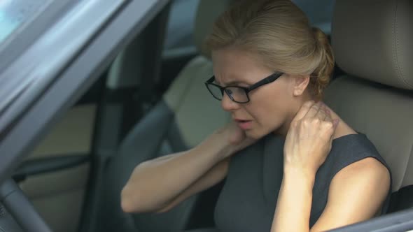 Exhausted Woman Feeling Neck Pain, Sitting in Automobile, Spinal Problem, Health