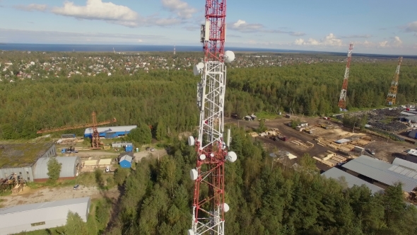 Aerial View Of Antenna Telecommunication Tower on the construction site
