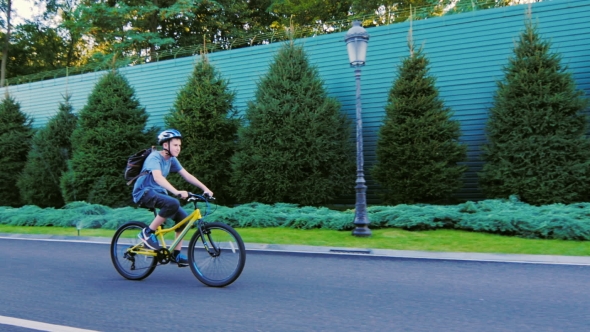 The Teenager Thirteen Rides a Bicycle Along a Green Fence