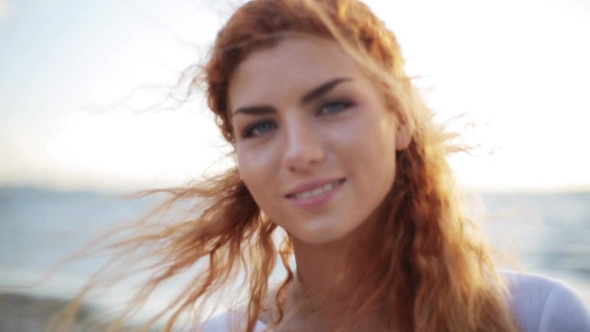 Happy Young Redhead Woman Face On Beach 45