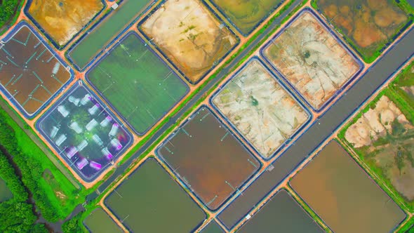 An aerial view over a drone flying over a large shrimp farm