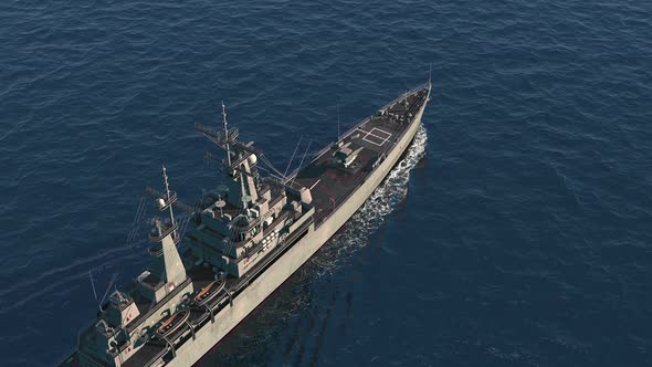 American Modern Warship In The High Seas. Top View.