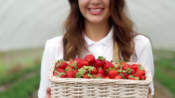 Smiling Woman Holding Tasty Strawberries in Basket