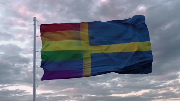 Waving Flag of Sweden and LGBT Rainbow Flag Background