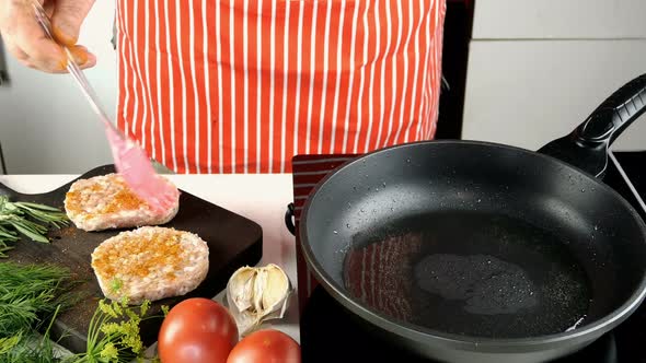 Chef Prepares Chicken Cutlet for Hamburger in Domestic Kitchen on Kitchen Table