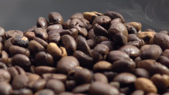 Aromatic Steam Lying Coffee Grains Closeup