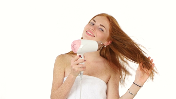 Smiling Young Redhead Girl Singing White Hair Dryer, Bathroom