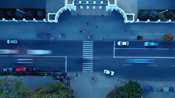 Traffic at the Pedestrian Crossing in the Evening  Top View