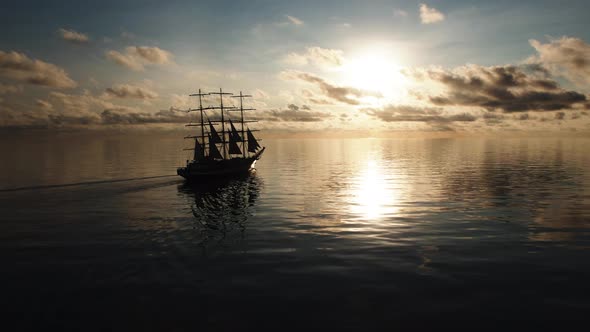 Tall Ship. Sailboat. Silhouette. Open sea. Ocean. Travel. Freedom. Aerial 4k.