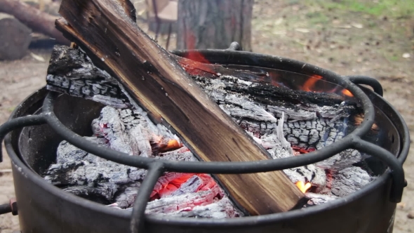 Bonfire With Wood And Coal Burning On The Grill