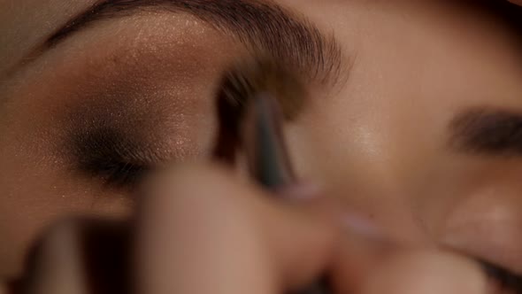 Makeup Artist Working on a Young Girl Beauty. Eyeshadow. Closeup