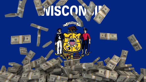 US Dollars falling in front of Wisconsin State Flag