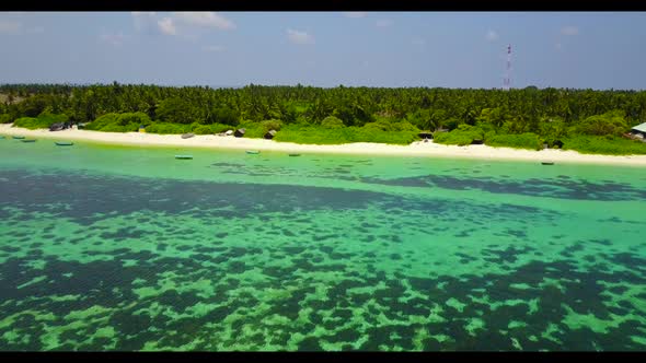 Aerial sky of exotic coast beach trip by transparent ocean with white sandy background of a picnic n