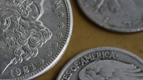 Rotating stock footage shot of antique American coins 