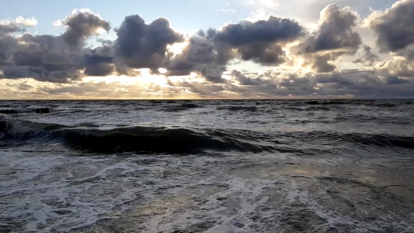 Sunset At Baltic Sea Cloudy Sky, Small Waves