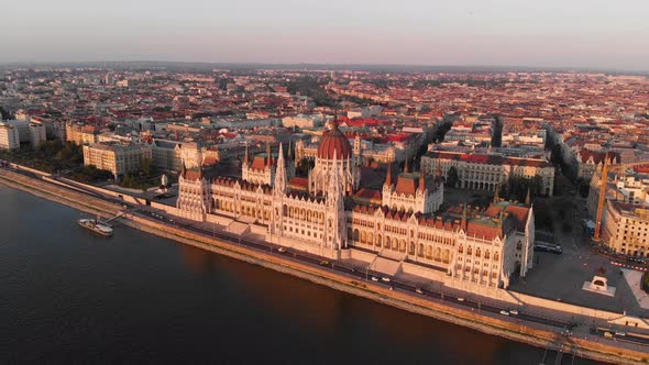 Aerial view to Hungarian Parliament at sunset, Budapest, Hungary