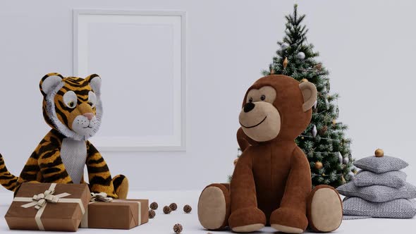 Animation of the children's room with a Christmas tree and toys.