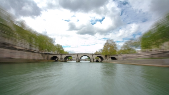 Paris. The Excursion Motor Ship Floats Down The River Seine In The Cloudy Spring Day  alt