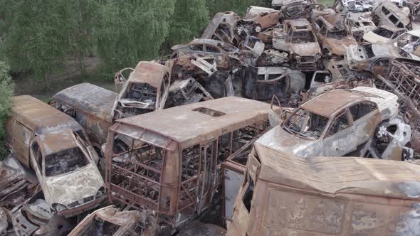 War in Ukraine a Dump of Burned Cars in Irpin Bucha District