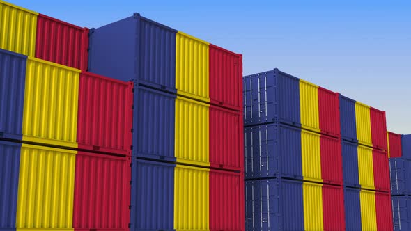 Container Yard Full of Containers with Flag of Romania