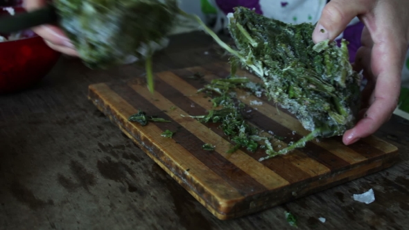 Woman Cuts Frozen Herbs