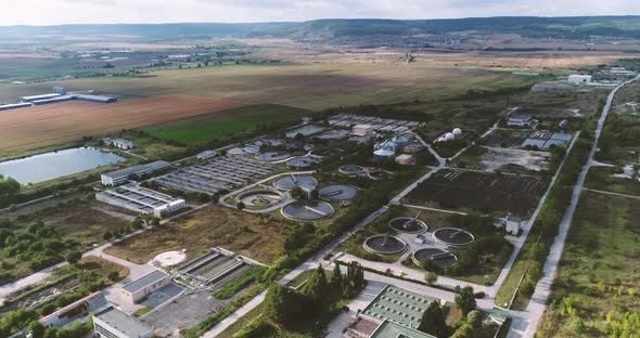 4k aerial footage of wastewater treatment plant. Cleaning construction for a sewage treatment