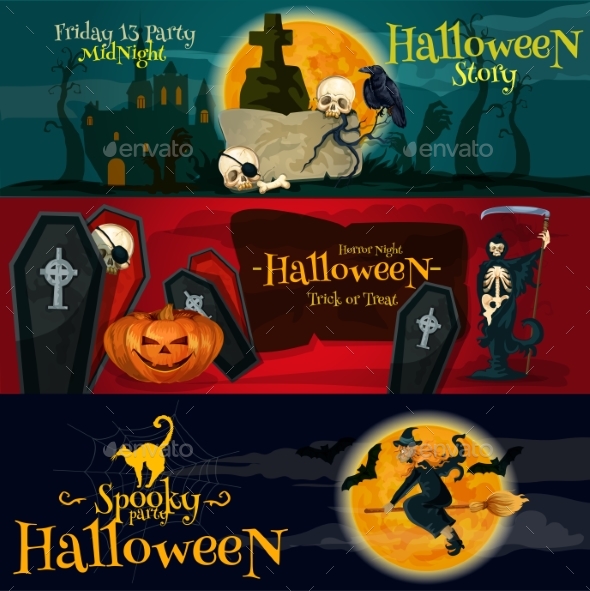 Cartoon Halloween Party Banners And Posters