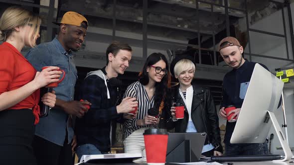 Group of Young Six Office Worker Clinking a Cup of Tea, Coffee