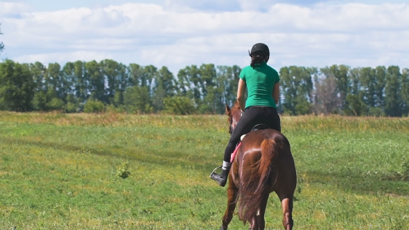 Beautiful Girl Riding a Horse In Countryside.