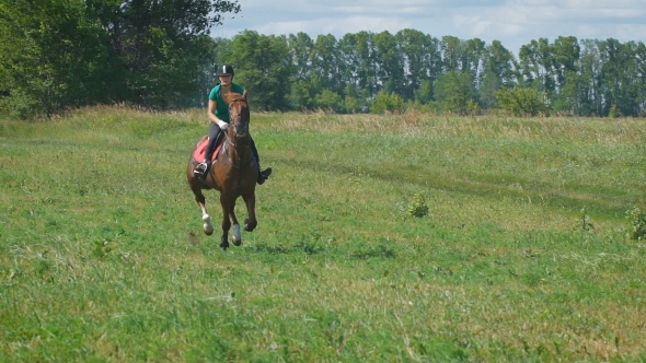 Beautiful Girl Riding a Horse In Countryside.