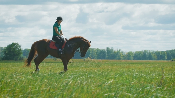 Beautiful Girl Riding a Horse In Countryside.