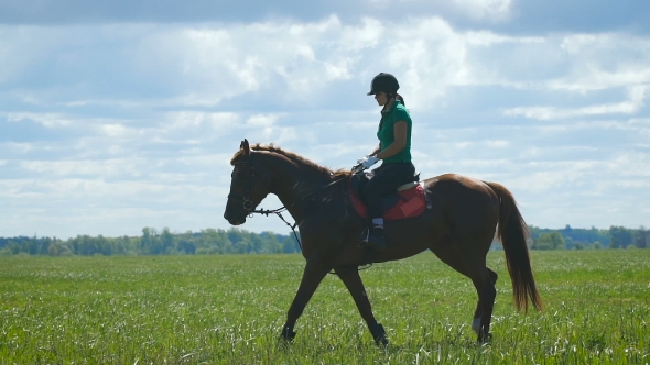 Beautiful Girl Riding a Horse In Countryside.