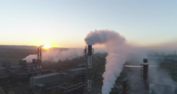  Emission to the Atmosphere from Industrial Pipes. Smokestack Chimneys Aerial View.