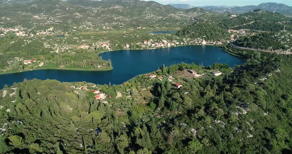 Aerial view of the Neretva delta valley river.