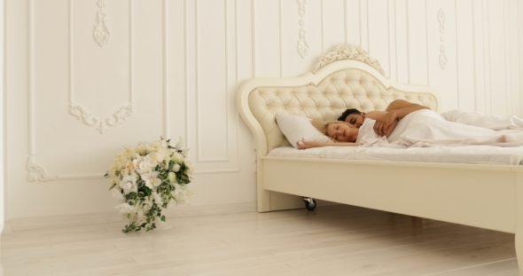 Couple Sleep Lying On Bed Man Hug Woman Home White Modern Bedroom