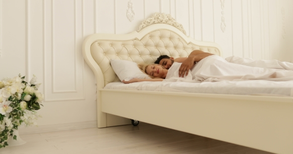 Couple Sleep Lying On Bed Man Hug Woman Home White Modern Bedroom