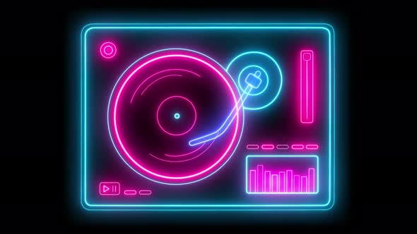 Retro Neon Vinyl Player On A Black Background