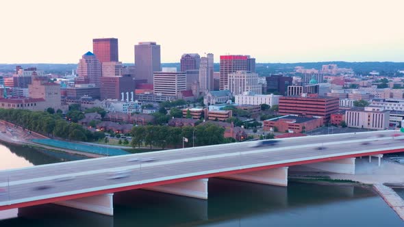 Hyperlapse, City Skyline, Over River, Dawn, Dayton Ohio