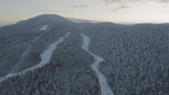 Old grown in ski trails wind down from the top of a snow crusted mountain AERIAL