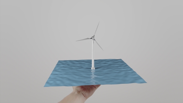 Man Twists In Hand a Wind Turbine Located On Water. Light Gray Background. Alternative Ecologic