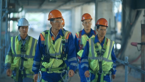 Workers And Engineers, Walking On Industrial Factory.