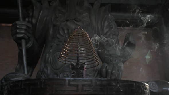 Incense And Statue Of Warrior In Bai Dinh Temple, Vietnam